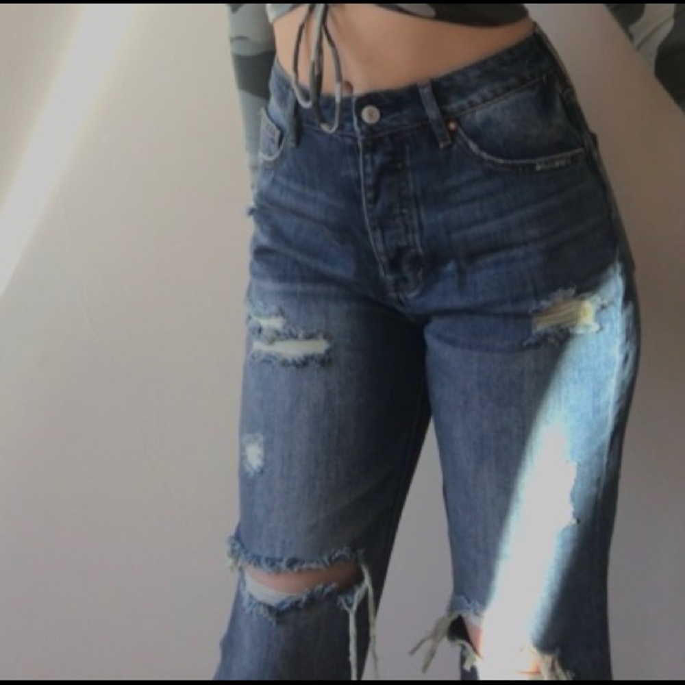 Dark Wash Distressed Mom Jeans